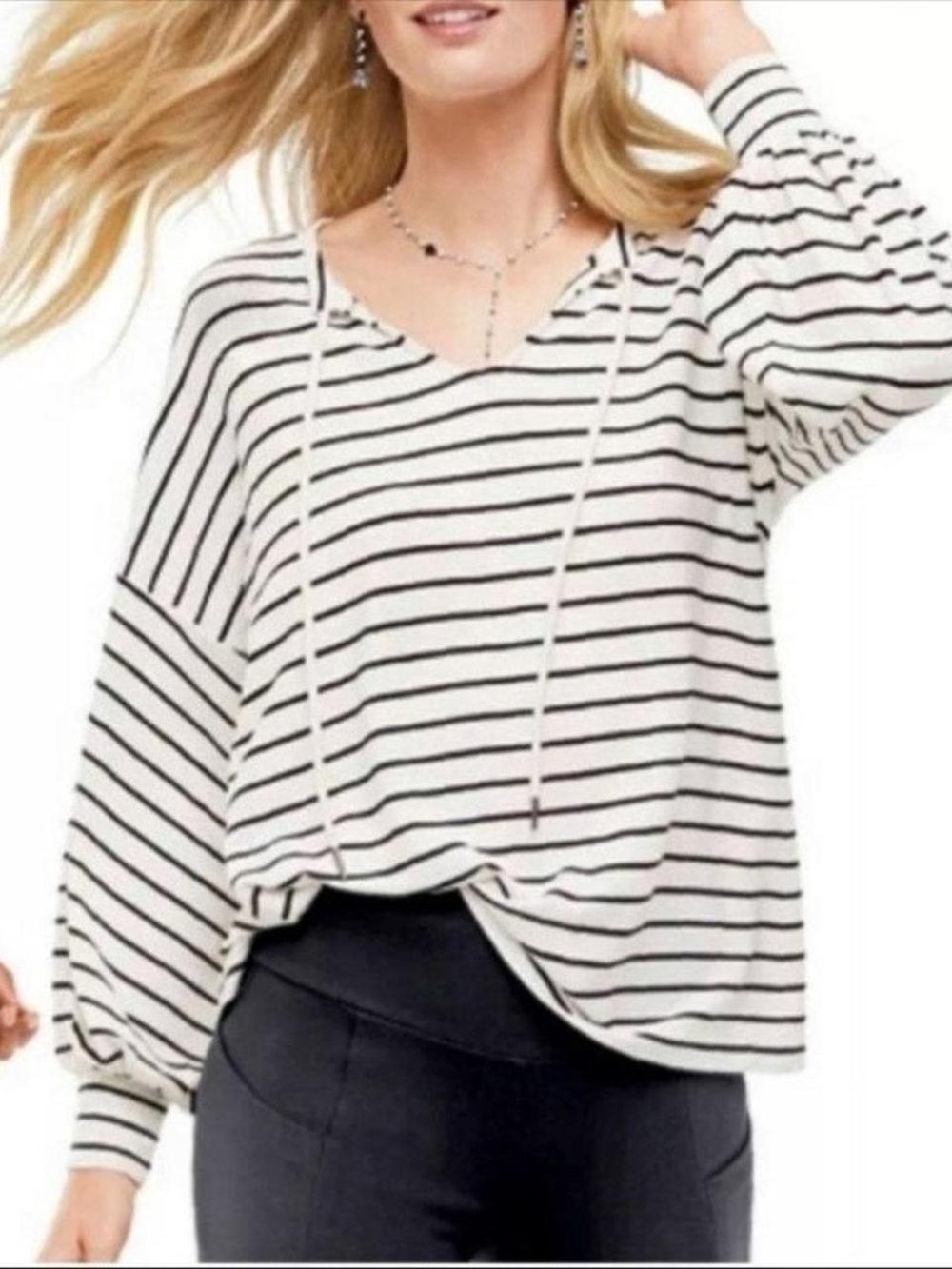 CAbi Cream and Black Striped tie neck  “Game day” Top #5746